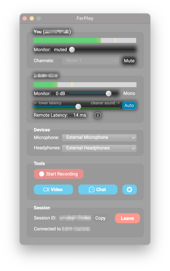 Screenshot of FarPlay's main window in a 1-on-1 session. Near the top of the window, highlighting is applied to the label for You (with name obscured), the corresponding Monitor slider (shown dragged all the way left to the "muted" condition), and the Mute button for muting local sound. In the next main area, the highlighting is applied to the obscured version of the remote user's name, the Monitor slider for remote sound (set to 0 dB), the lower latency-cleaner sound slider, the Auto latency mode button (shown in the active blue state), and the readout of the Remote Latency, which reads 14 ms. Under the latency slider, a lowercase i enclosed in a circle is highlighted.