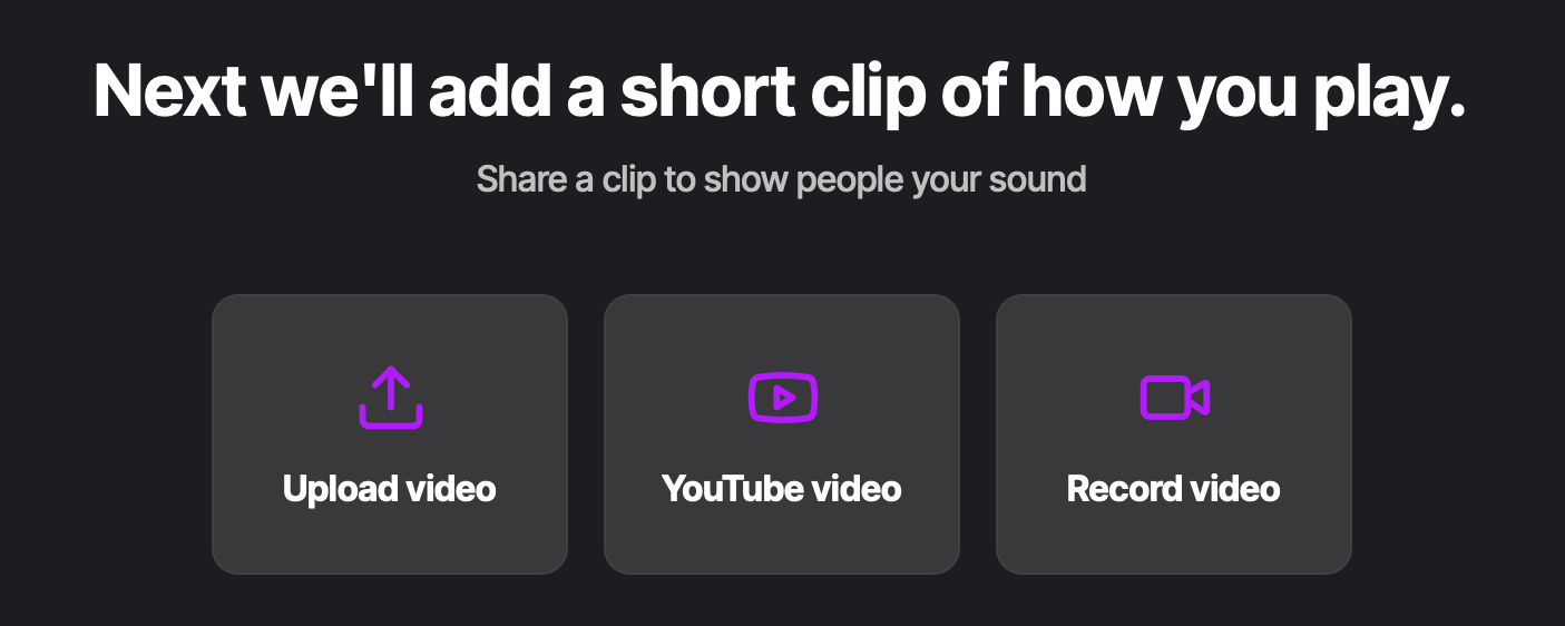 Video step when creating a Meet profile: Upload video, YouTube video, and Record video buttons.