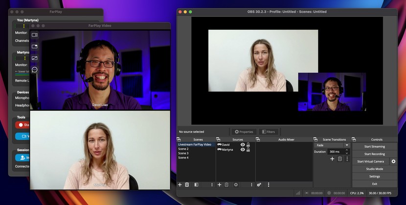 FarPlay's video window showing two participants, next to OBS Studio, whose preview shows the same two video feeds brought in through Syphon