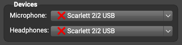 FarPlay's Devices subpanel showing ❌ Scarlett 2i2 USB as both the Microphone and the Headphones